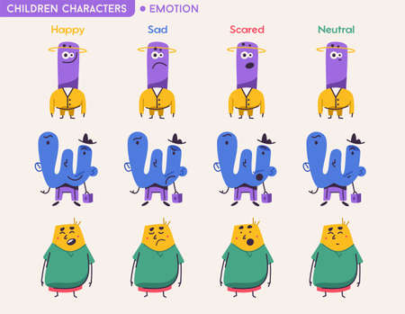 Cute abstract children characters with different emotionsのイラスト素材