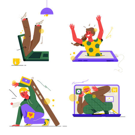 Gadget addiction concept set. People addicted to phone, laptop, tabletのイラスト素材