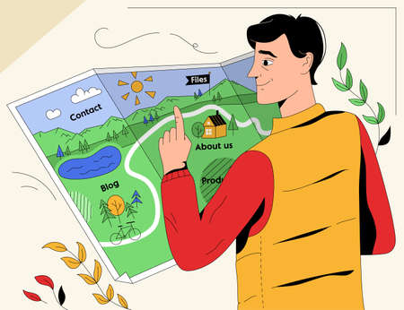 Web navigation concept. Man examines navigation map on websiteのイラスト素材