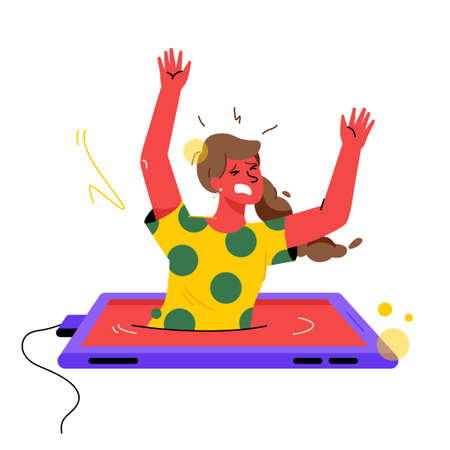 Gadget addiction concept. Unhappy woman drowning in screenのイラスト素材