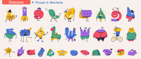 Cute abstract viruses and bacteria characters set isolated.のイラスト素材