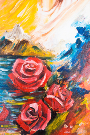 Picture of wild rose on a background of sea and mountains.の写真素材