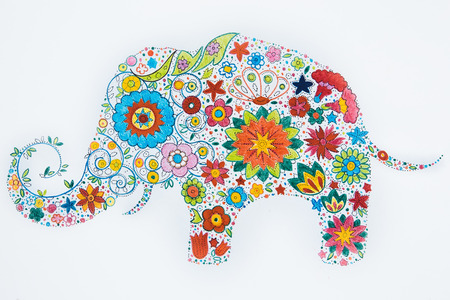 Sketch of beautiful elephant made of flowers on a white background.の写真素材