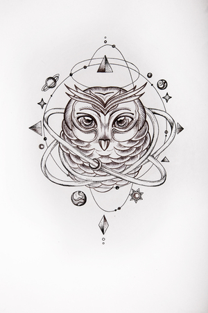 Sketch of owl surrounded by the universe on a white background.の写真素材