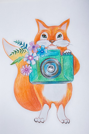 Sketch of fox with green camera on a white background.の写真素材