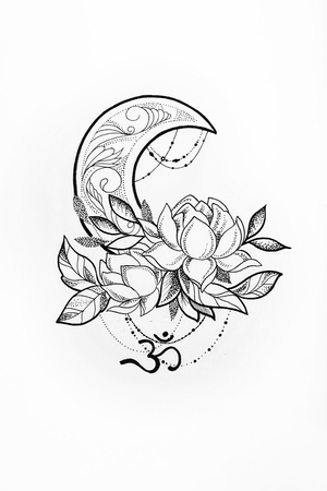 Sketch of a lotus and moon on a white background.の写真素材