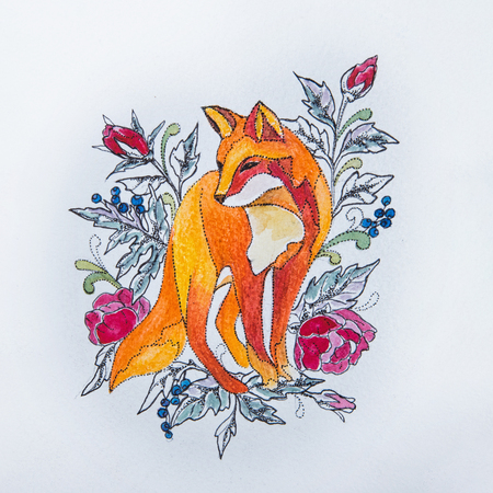 Sketch foxes in the flowers on a white background.の写真素材