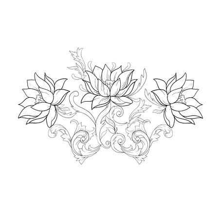 Graphic sketch of lotuses in ornament on a white background.のイラスト素材