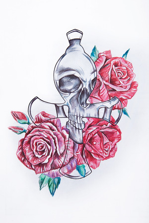 Sketch of a skull in roses on a white background.の写真素材