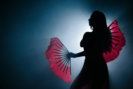 Beautiful silhouette of a girl elegantly dancing in smoke and fog.の写真素材