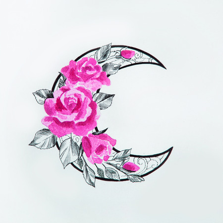 Sketch of the moon with flowers on a white background.の写真素材