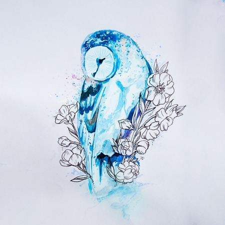 Sketch blue owl in colors on white background.の写真素材