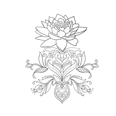 A sketch of beautiful lotuses in a graceful ornament on a white background.のイラスト素材