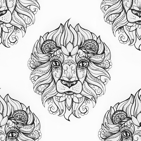 Seamless drawing of a lion head on a white background.の写真素材