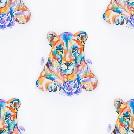 Seamless pattern of a beautiful lion with a lotus on a white background.の写真素材