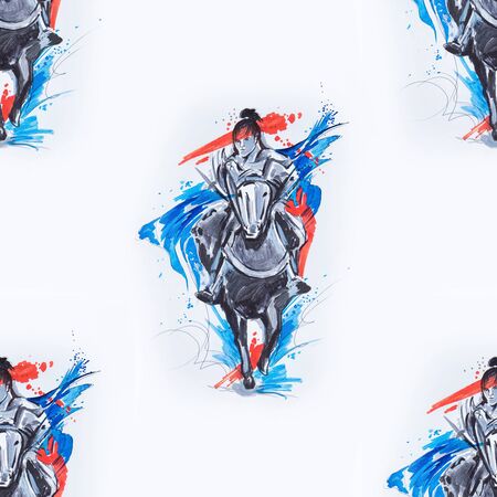 Seamless pattern of a Japanese rider on a horse on a white background.の写真素材
