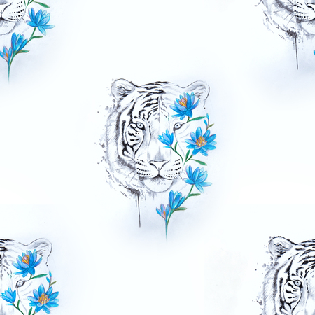 Seamless tiger pattern in flowers on a white background.の写真素材
