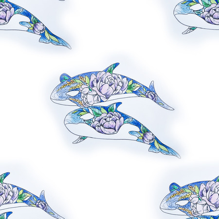 Seamless pattern of killer whales with patterns of flowers on a white background.の写真素材