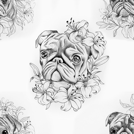 Seamless pattern pug in flowers on a white background.の写真素材