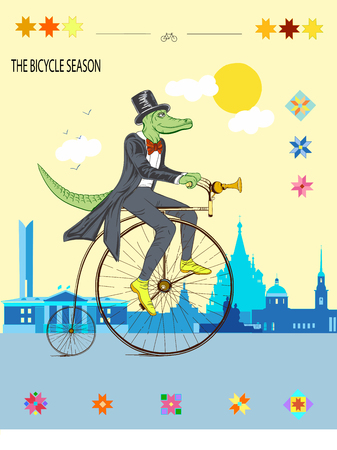 A crocodile on a bicycle rides a beautiful city in the daytime.のイラスト素材