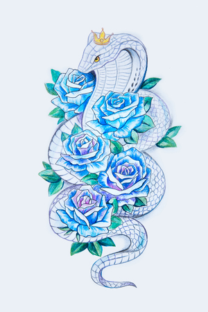 Sketch of a beautiful snake with blue roses on a white background.の写真素材