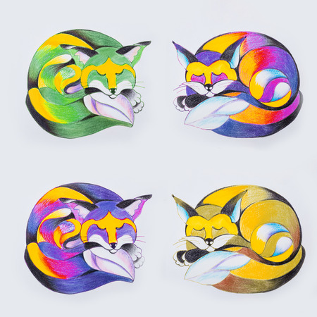 Set of sketches of sleeping foxes on a white background.の写真素材