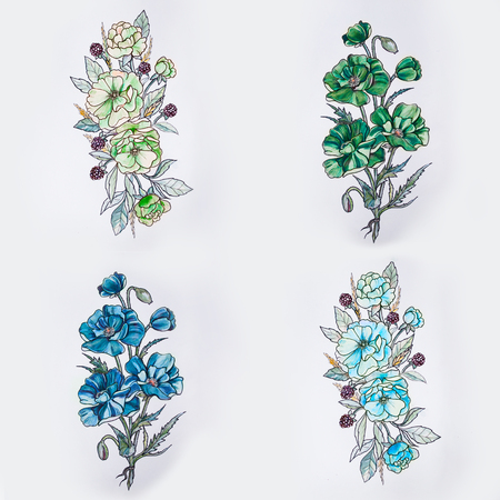 Set of sketches of multicolored flowers on a white background.の写真素材