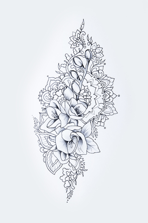 A sketch of beautiful freesia in patterns on a white background.の写真素材