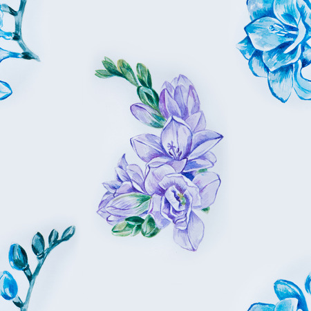 Seamless pattern of beautiful purple and blue freesia on a white background.の写真素材