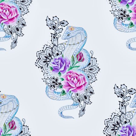 Seamless pattern of a beautiful snake in flowers on a white background.の写真素材
