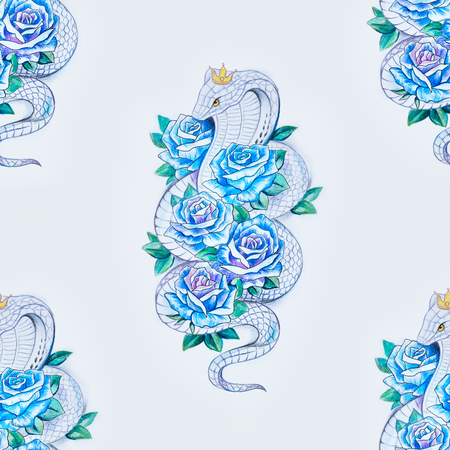 Seamless pattern of a beautiful snake in blue roses on a white background.の写真素材