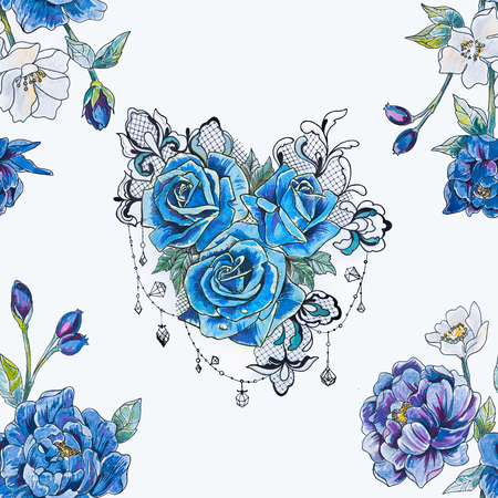 Seamless pattern of blue roses and peonies on a white background.の写真素材
