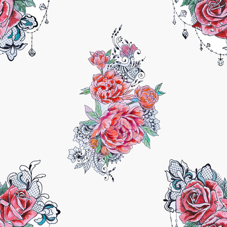 Seamless pattern of red peony and roses on a white background.の写真素材