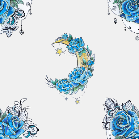 Seamless pattern crescent in flowers and roses on a white background.の写真素材