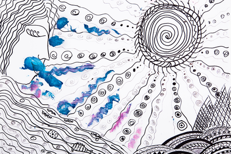 Chaotic abstract drawing. Childrens sketch of the sun and wind.の写真素材