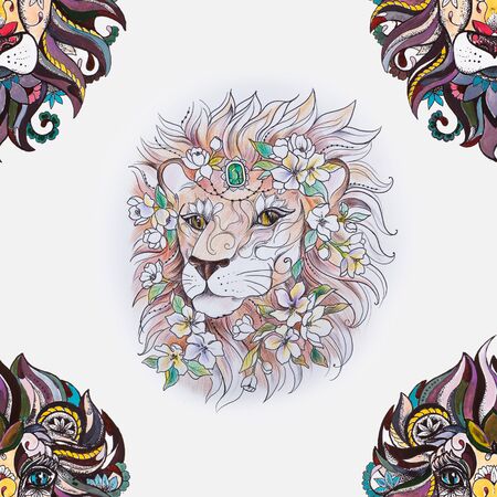 Seamless pattern of beautiful lion head in flowers on a white background.の写真素材