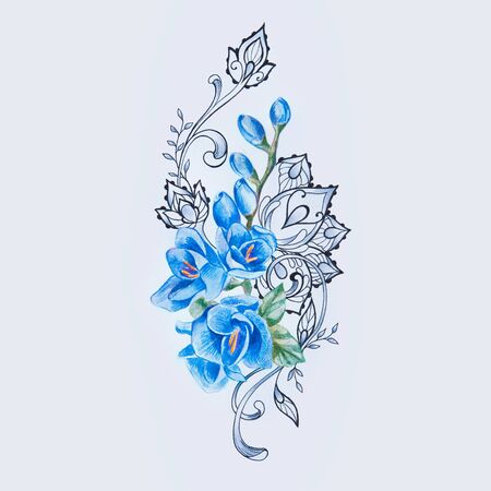 A sketch of a beautiful blue freesia flower in a pattern on a white background.の写真素材