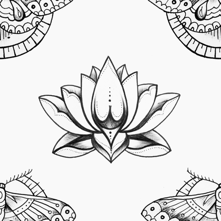 Seamless pattern of beautiful lotus and butterfly on a white background.の写真素材