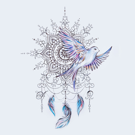 Sketch of a bird with a dreamcatcher on a white background.の写真素材