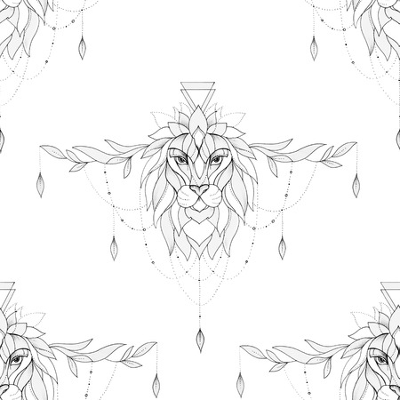 Seamless illustration of a lion head in a beautiful ornament on a white background.の写真素材