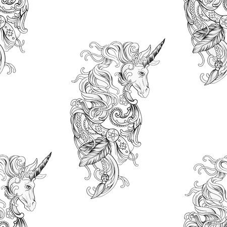 Seamless pattern beautiful pegasus in ornament on white background.の写真素材