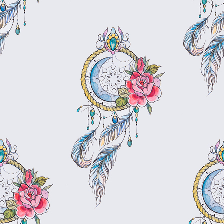 Seamless pattern dreamcatcher with flowers on a white background.の写真素材
