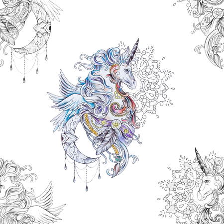 Seamless pattern beautiful pegasus in ornament with mandala on white background.の写真素材