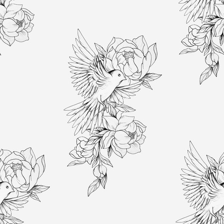 Seamless drawing of a bird in beautiful flowers and on a white background.の写真素材