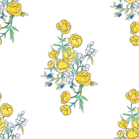Seamless pattern of beautiful yellow flowers on a white background.の写真素材