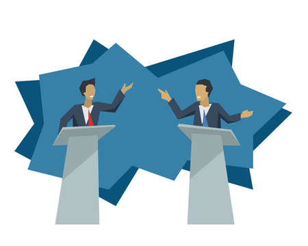 Debate of two politicians - two male persons with violent gesticulation standing on speaking tribunes and argue with each other - vector political illustrationのイラスト素材