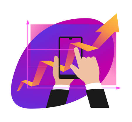 Business report, analytics and modern  technologies concept - from real to digital - growing chart pass through phone screen - conceptual isolated illustrationのイラスト素材