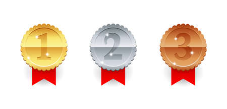 Gold, Silver and Bronze medal icon - 1st, 2nd and 3rd place awards set - three winning places isolatred vector medallionsのイラスト素材