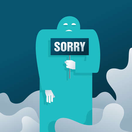 Sorry - apologies emotional illustration - giant human silhouette holds banner with excuses wordのイラスト素材