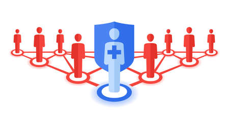 Antibiotic or vaccine protection concept - resistance from epidemy virus spread - people group connected by lines and single protected person with shield and medical cross conceptual illustrationのイラスト素材